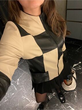 Colorblock Leather Jacket in Cream and Black